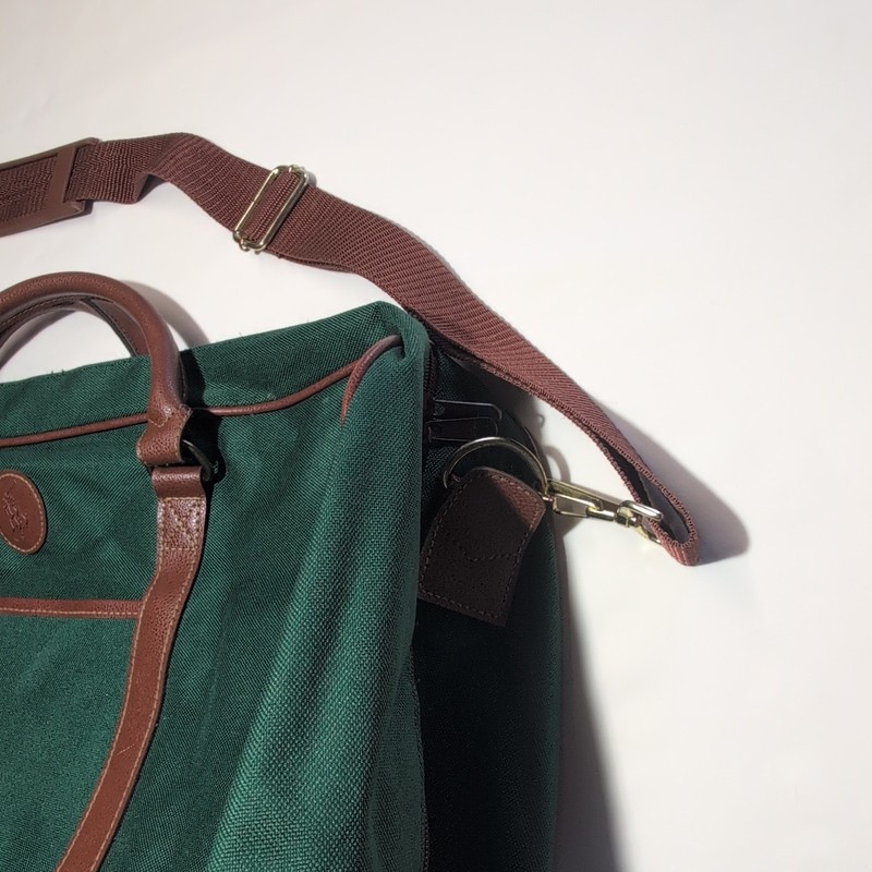 Vintage Ralph Lauren Green Canvas Duffle Bag Brown Trim Adjustable Strap gallery