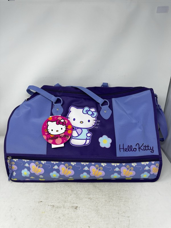 Hello Kitty Duffle Bag Purple & Blue Butterfly Flowers Travel Weekend Carry On
