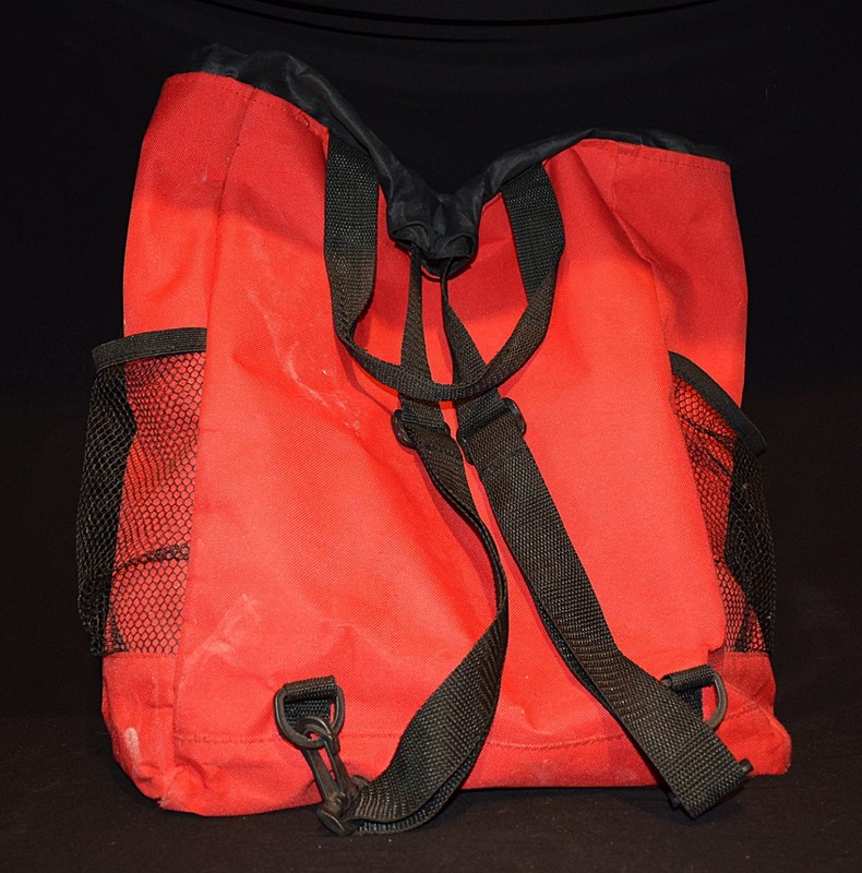 AARP Red Canvas Backpack Drawstring Bag Mesh Side Pockets 15" tall x 17" wide gallery