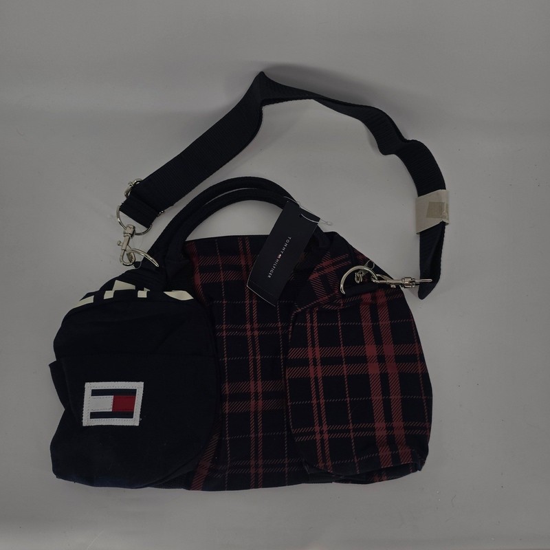 Tommy Hilfiger Mini Duffle Bag Navy Red Plaid Canvas Logo M86913589 467 NWT gallery