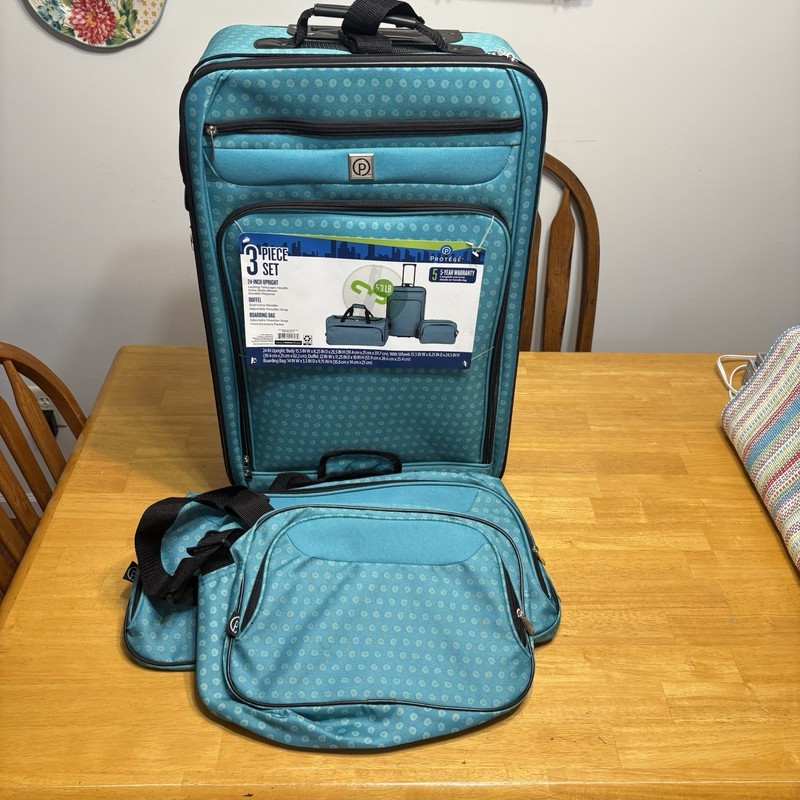 Protege Luggage Set 3 Piece 24″ Upright Suitcase Duffle & Carry On Bags Teal Dot