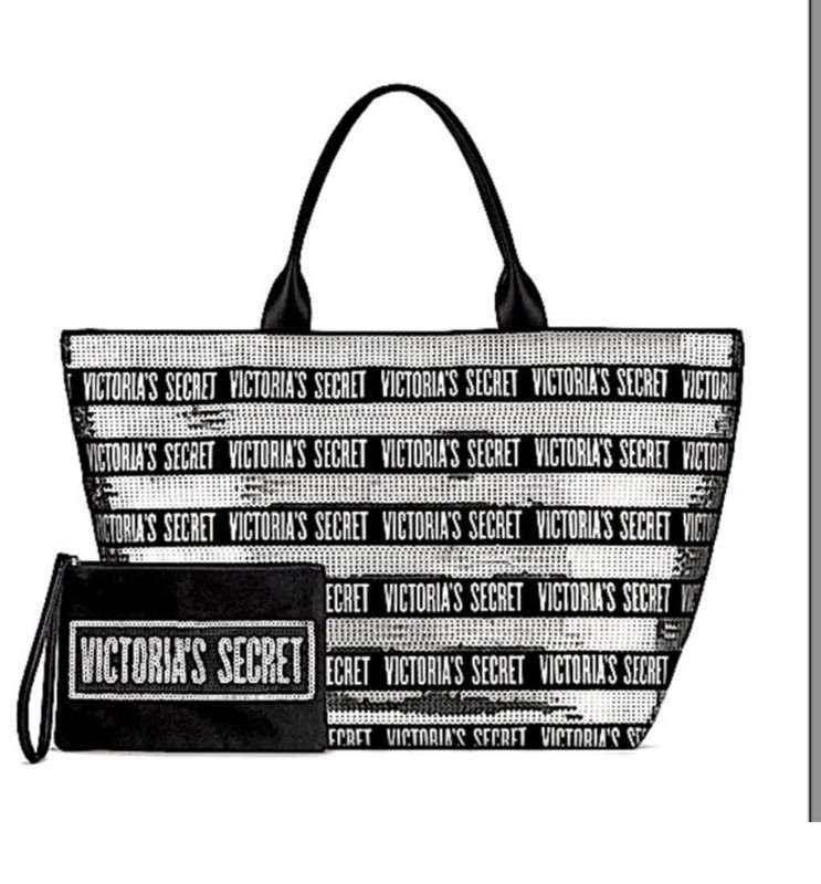 Victoria’s Secret Oversized Sequin Tote Bag Large with wristlet Black Silver