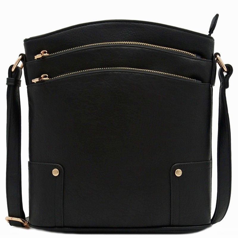 ALYSSA Triple Zip Pocket Large Crossbody Bag Black