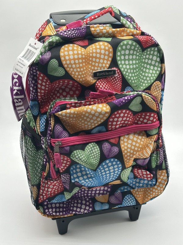 ROCKLAND ROLLING BACKPACK School Bag Travel Luggage Mesh Pockets New Heart 17″