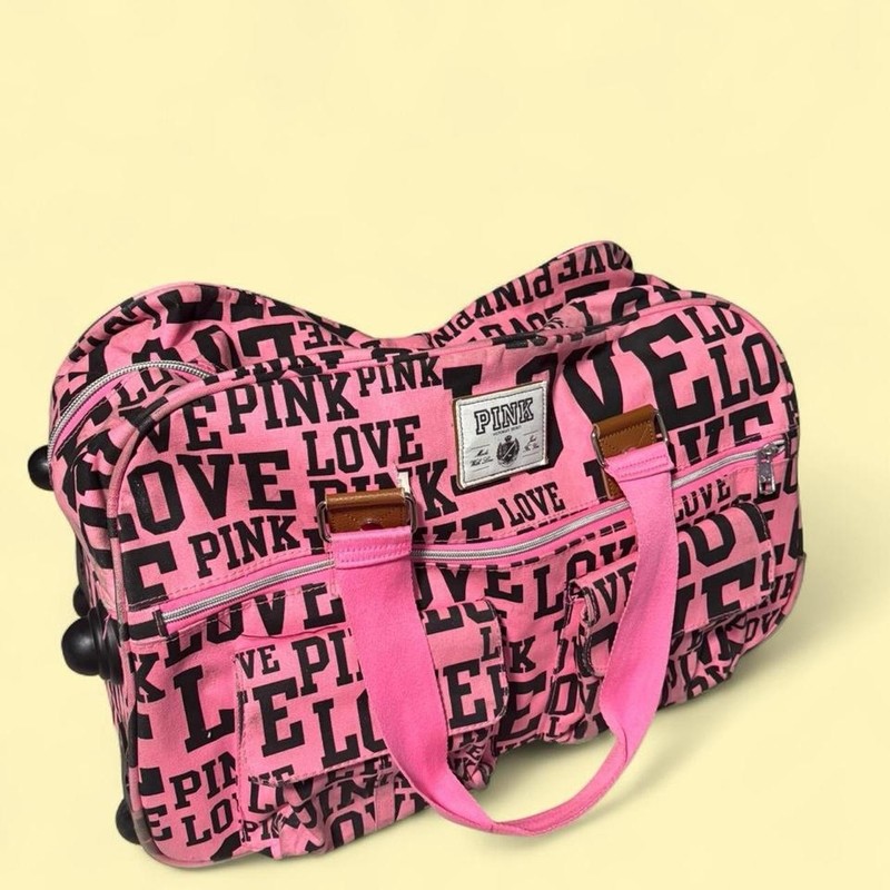 Victoria’s Secret PINK Rolling Duffle Bag Canvas Pink Black Text Print Y2K Rare