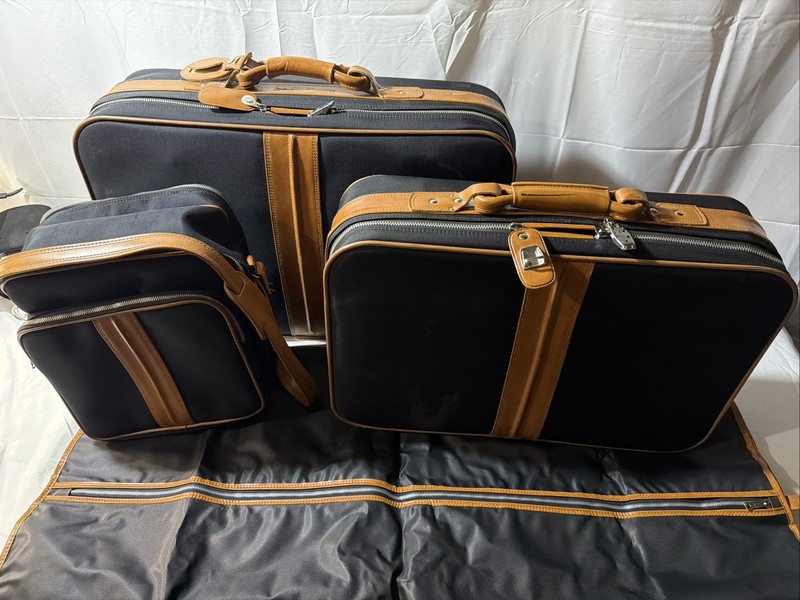 Ambassador Design Luggage Suitcase 4 Piece Set With Leather Trim Navy Blue/Brown