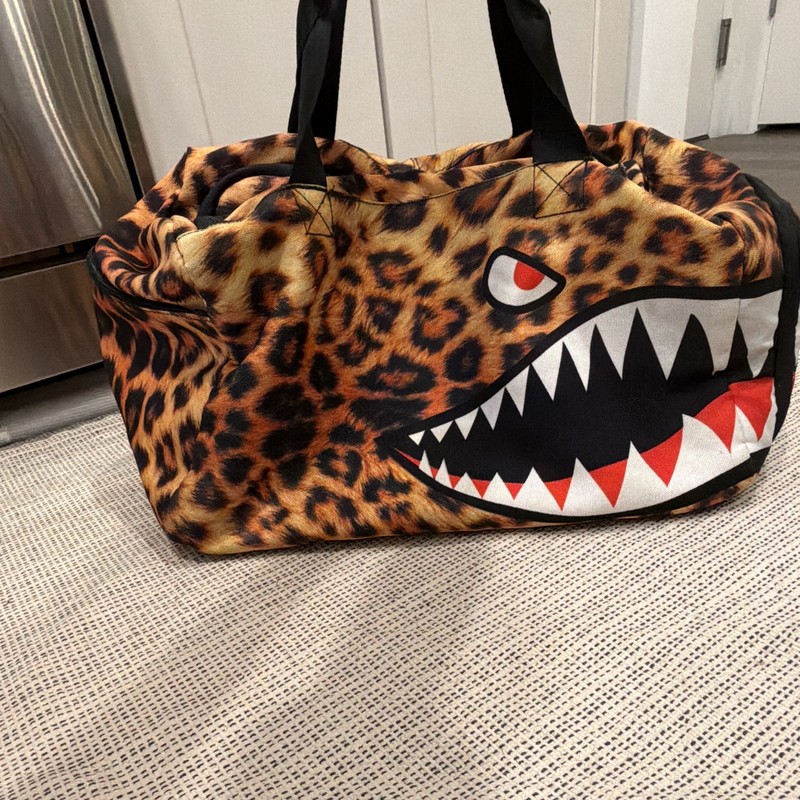 DAMAGED- Sprayground Leopard Print Shark Mouth Duffle Bag 17” length