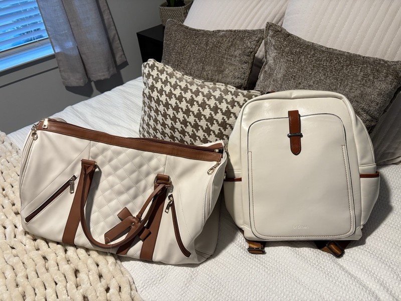 Faux Leather Weekender Duffel & Backpack Set | Cream Brown Carry-On Travel Bag