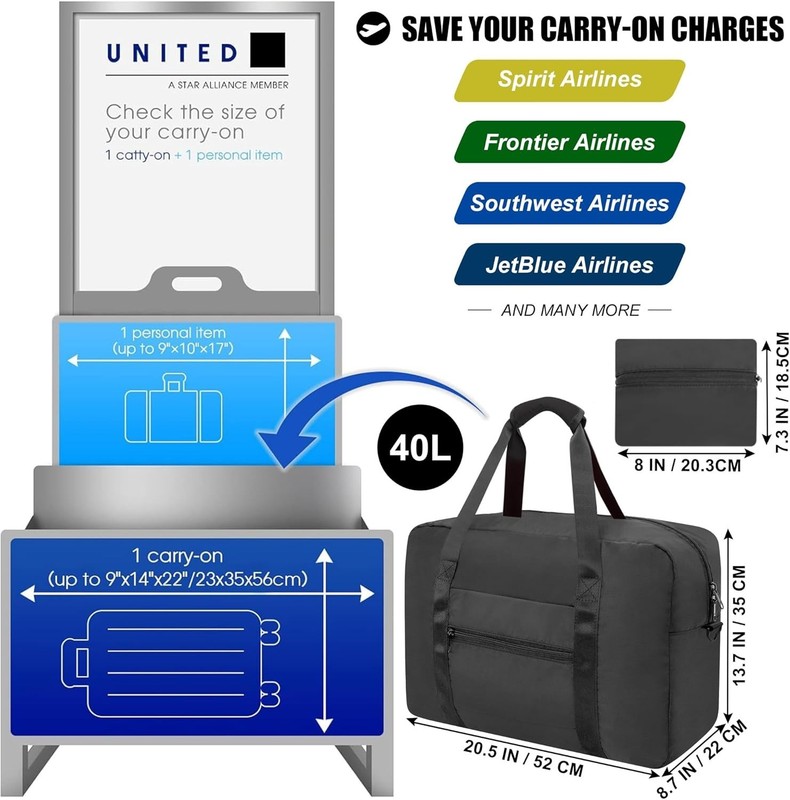 Foldable Travel Duffle Bag, Airlines Approved Carry On Bag Weekender Overnigh... gallery