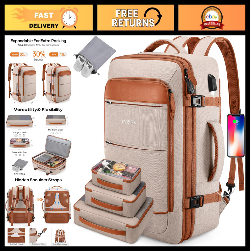 Expandable 42L Travel Backpack – TSA Approved Carry-On, Water Resistant, Laptop