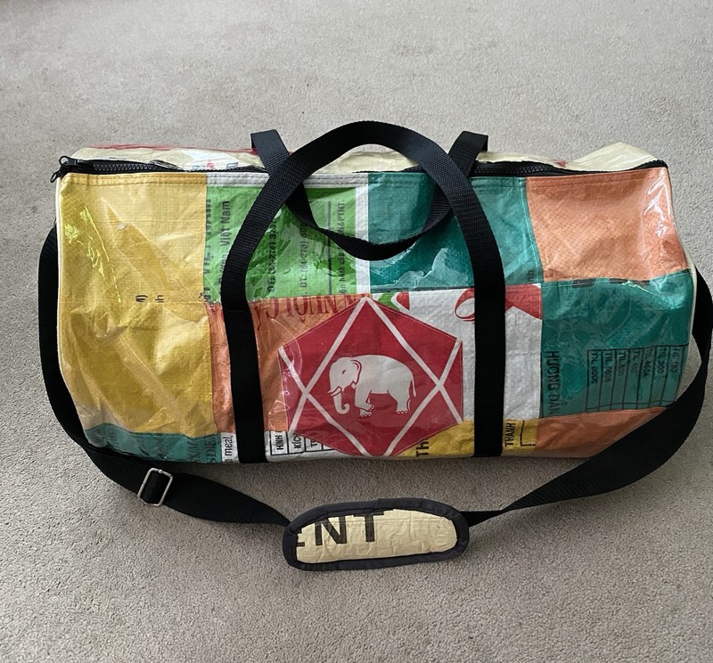 Fair Trade Patchwork Duffel Bag Hndmade in Cambodia from Cement and Fish Bag