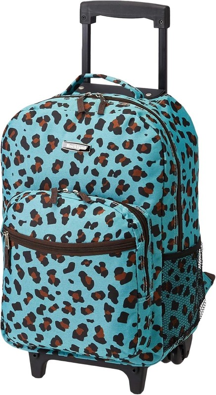 Rockland Double Handle 17″ Rolling Backpack, Blue Leopard