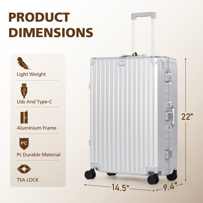 Luggage Aluminum Frame Liggage Hard Shell Travel Suitcase w/ TSA Lock USB Port gallery