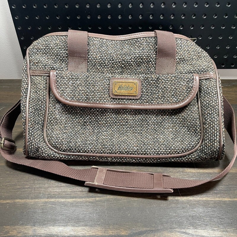 Holiday Mini Luggage Duffle Carry On Travel Suitcase Vin Brown Tweed – VGC!