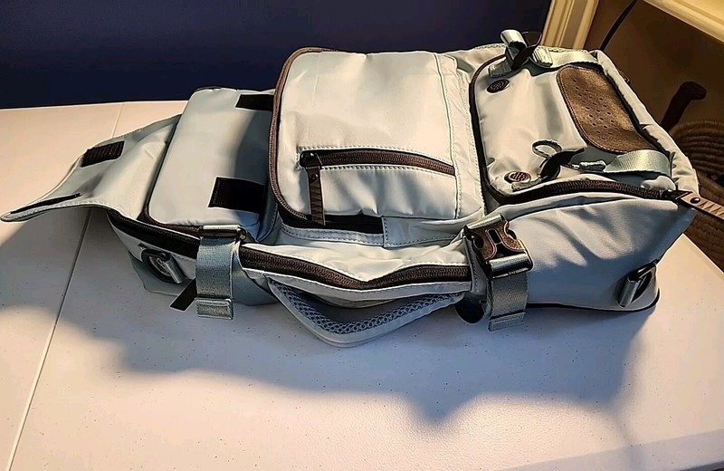 Travel backpack with multiple compartments and carrying options, light blue gallery