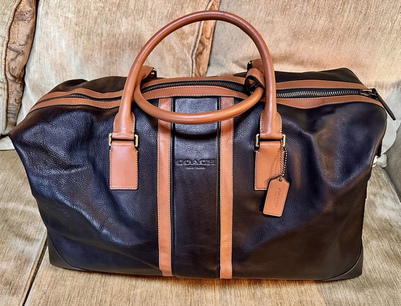 Coach Black Leather New with Camel Leather Accents Duffel/Weekend Bag
