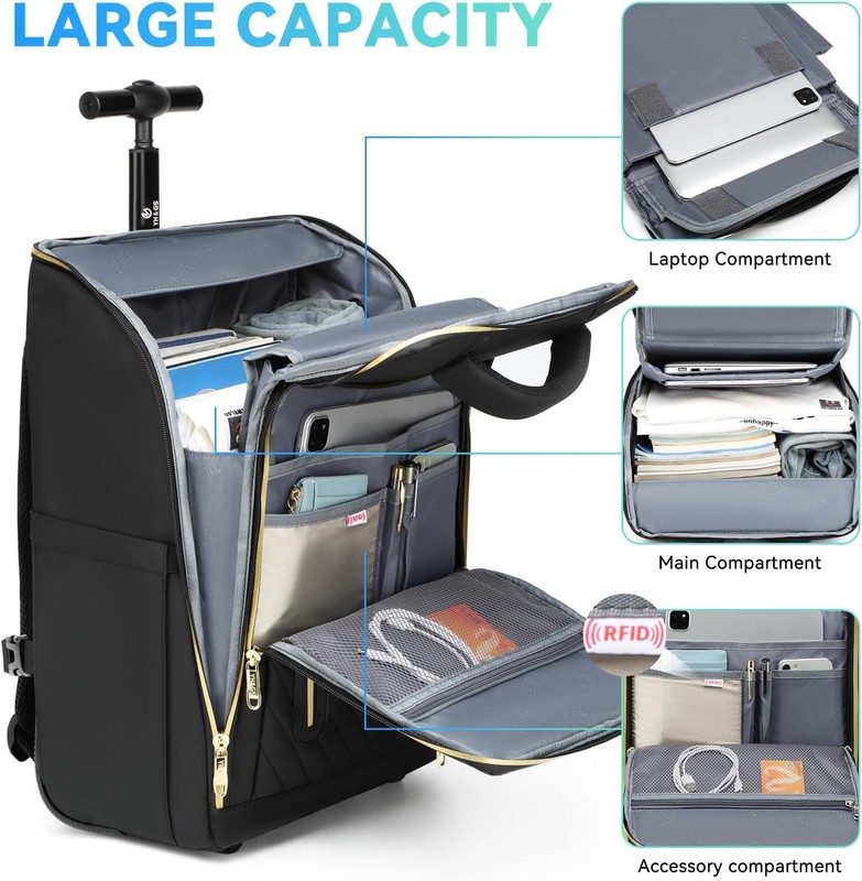 Rolling Backpack, Waterproof Backpack with Wheels for Business Gold Black gallery