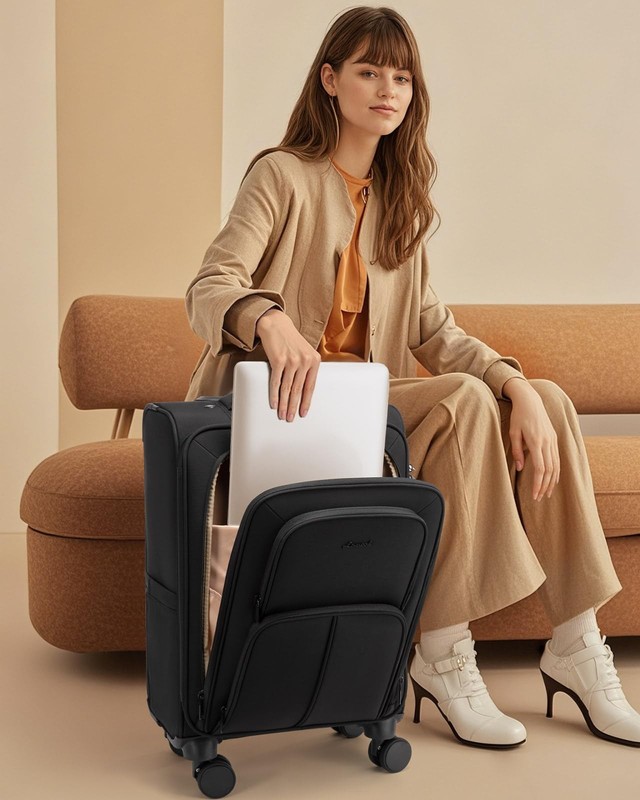 Medium Checked Luggage, 24 Inch Softside Suitcases with Spinner Wheels, Light... gallery