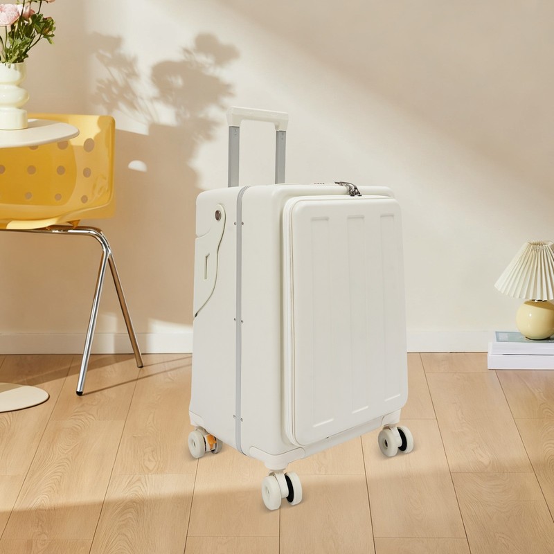 3-Digit Lock White Trolley Suitcase Spinner Luggage with Foldable Back Rest