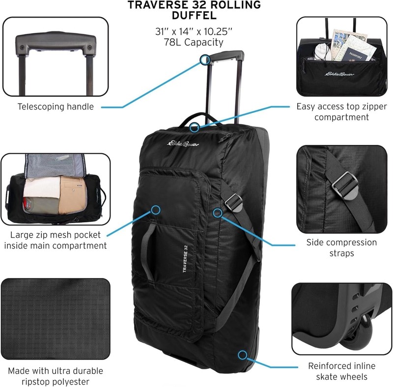 Eddie Bauer Traverse Luggage,Roller Wheels,Telescoping Handle 31" Black w/handle gallery