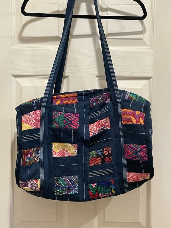 Woven Patchwork Blue Multicolor Duffel Bag 18" Shoulder Straps Zipper Closure gallery