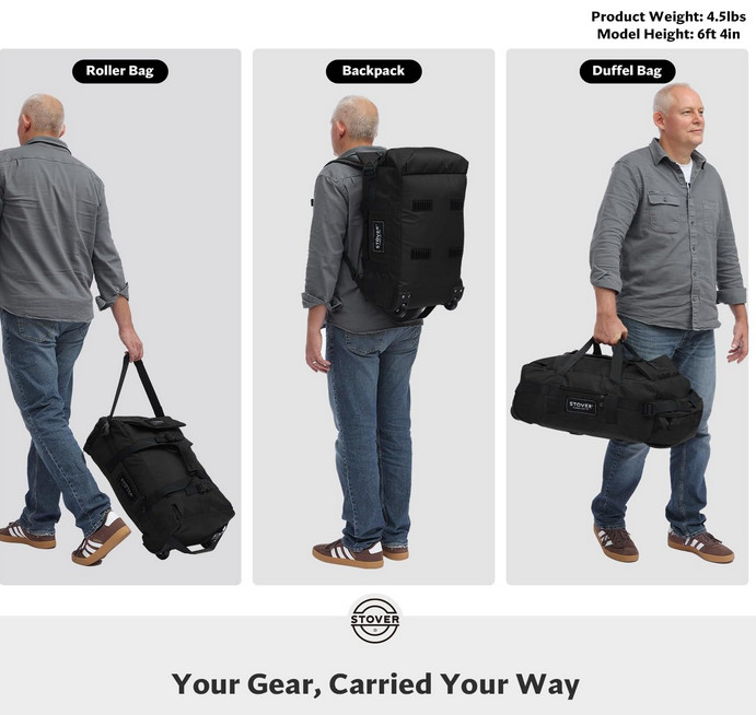 45L Airline Carry-on Sized Roller Duffel Bag w/ Backpack Straps, Waterproof, Blk gallery