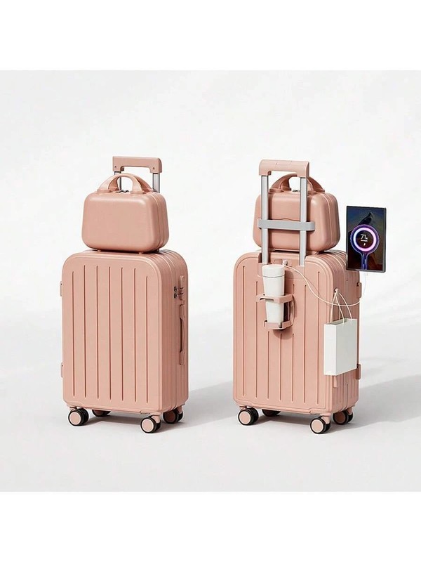 Minimalist Hard Shell Luggage Set w/ Makeup Bag & Wheels Travel Suitcase