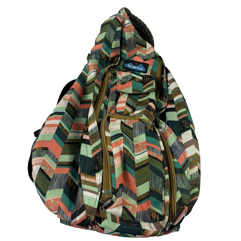 KAVU Rope Sling Bag Backpack Geometric Chevron Print Adjustable Strap Multicolor
