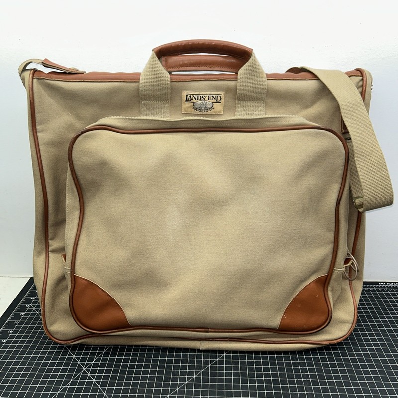 Vintage Lands End Deluxe Square Rigger Tan Garment Bag Canvas w/ Leather Trim