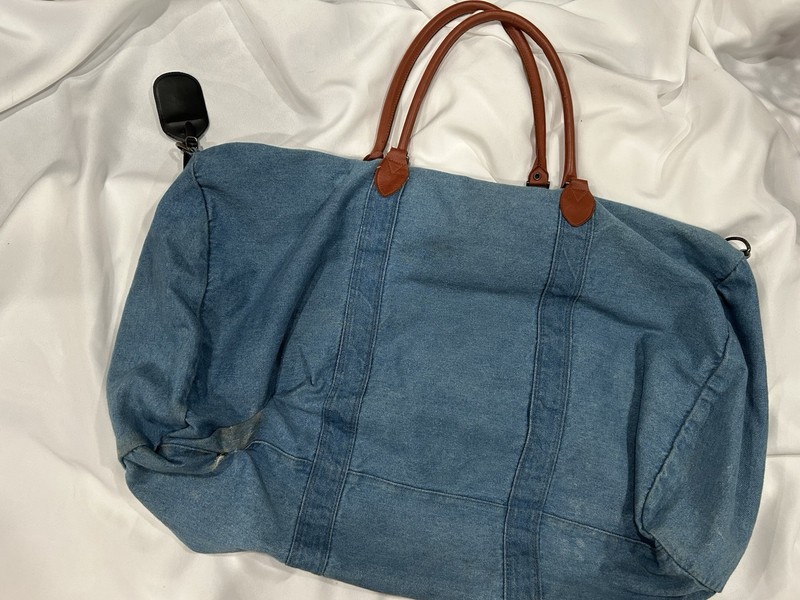 Vintage GAP Weekender Travel Tote Bag Blue Denim Duffle Large Zip Leather Trim