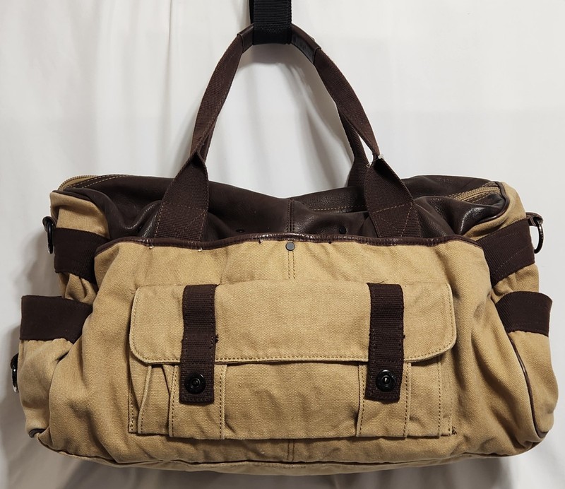 VTG Fossil Large Leather & Canvas Duffle Bag Overnight Brown No Shoulder Strap