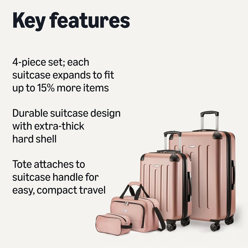 Amazon Basics 4-Piece Luggage Set, Two Hardside Suitcases, 28-22-15-10 Rose Gold gallery