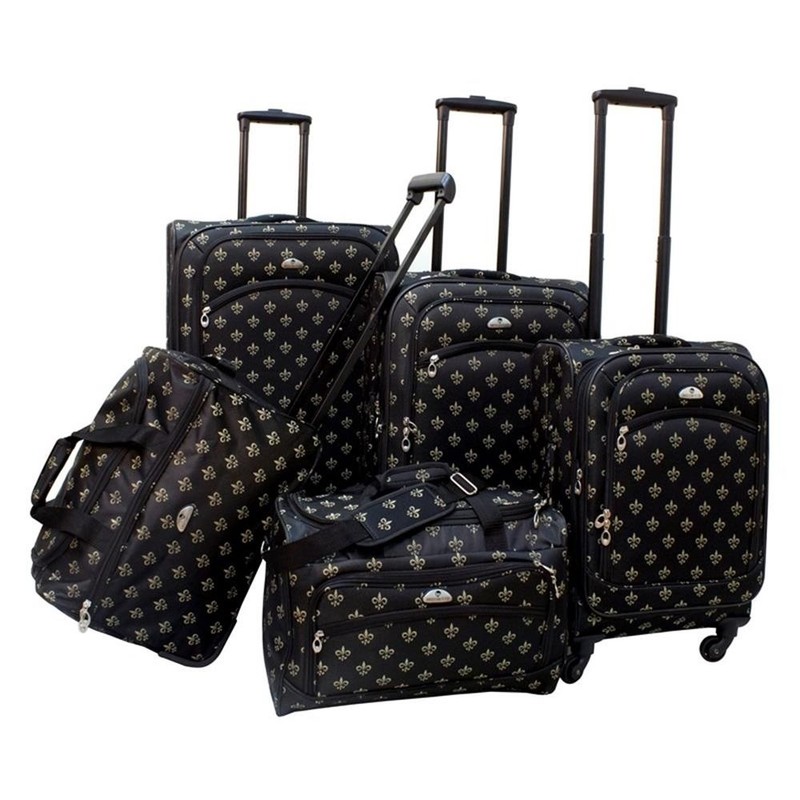 Pemberly Row Traditional Polyester 5-Piece Spinner Luggage Set in Black