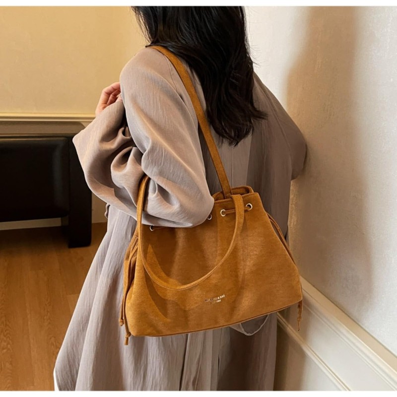 Retro Suede Bucket Purse Causal Travel College Crossbody Bag Drawstring Handb... gallery