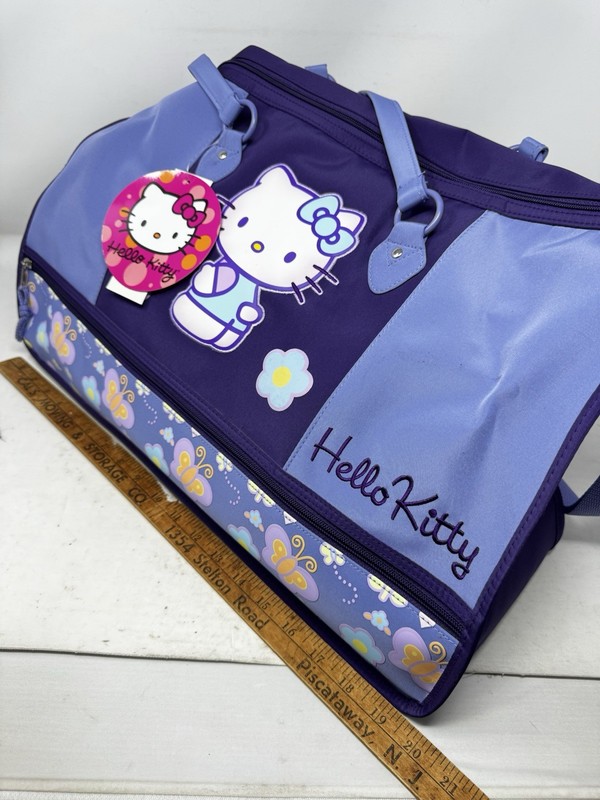Hello Kitty Duffle Bag Purple & Blue Butterfly Flowers Travel Weekend Carry On gallery