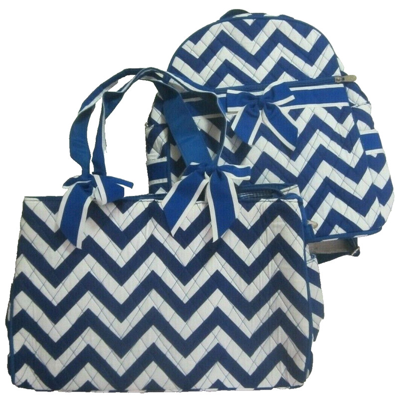 Set of 2 Quilted Backpack and Tote Set LarLar Oliff Blue White Chevron Bow NWT
