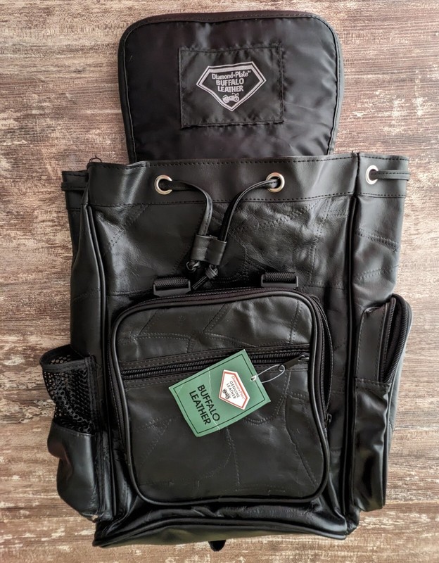 New Diamond Plate Black Buffalo Leather Backpack Motorcycle Adjustable Biker