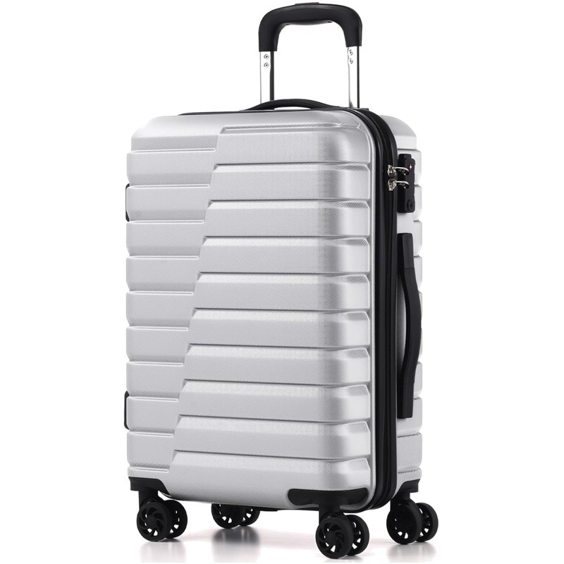 Durable 20 Inch Silver Carry On with TSA Lock, Four Spinner Wheels & Pockets