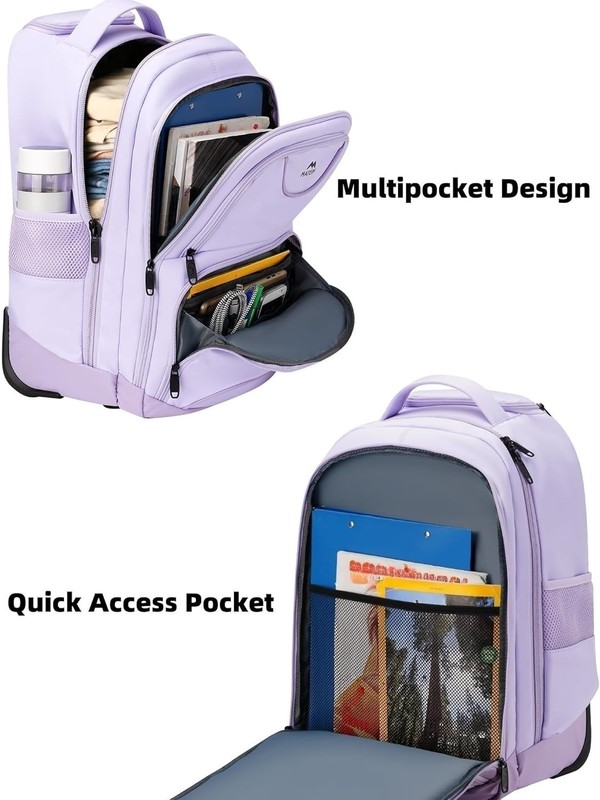 Versatile 36L Purple Rolling Laptop Backpack with Smooth Wheels - Travel Ready gallery