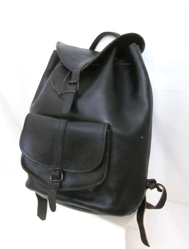 Large Handmade Black Leather Backpack Drawstring Tabs & Buckles Adj. Straps gallery