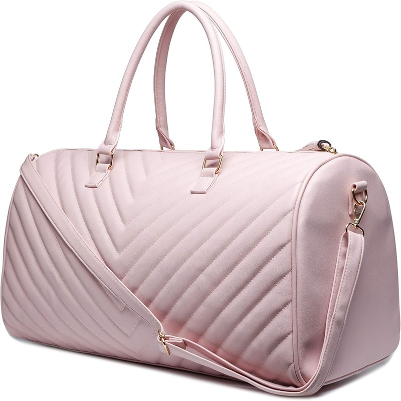 Women’s Large 22″ Faux Leather Duffel Bag Pink Chevron Travel Carry-On New