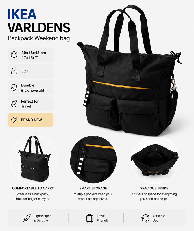 IKEA VARLDENS Backpack Weekend bag 39x18x43 cm32 l 17x15x7" gallery