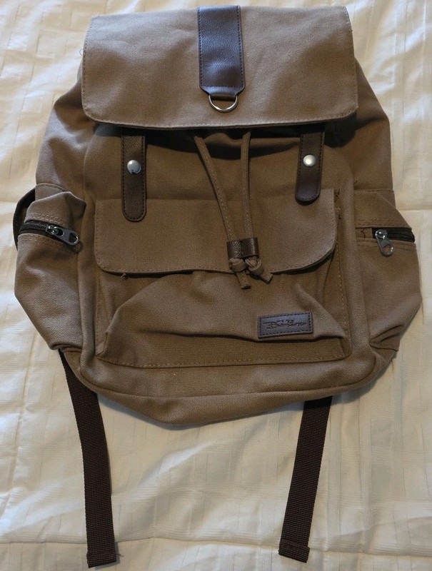 Bella Russo Canvas Backpack Rucksack Bookbag Tan W/Brown 16″x 18″ Zip Snap Close