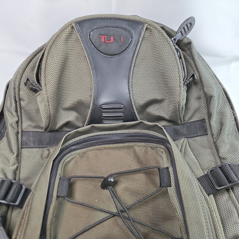 TUMI T2 Backpack Excursion Carry On Travel Bag Ballistic Leather Olive Black gallery