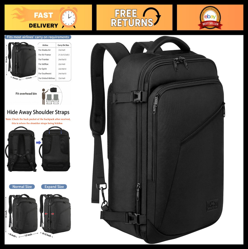 Extra Large Expandable Travel Backpack, Water Resistant 40L Carry-On Bag for Men