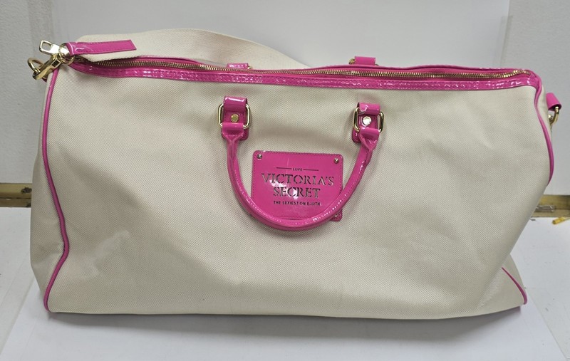 Victoria’s Secret Beige & Hot Pink Canvas Duffle Bag Weekender Travel Luggage