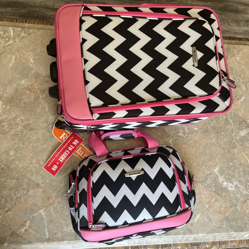 Rockland Rio Expandable 2-Pc Carry On Luggage Set Tote Bag pink zig zag NEW