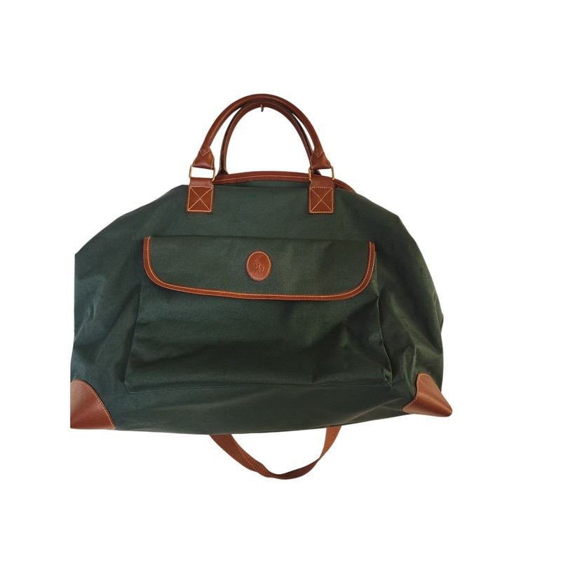VTG Polo Ralph Lauren Green Canvas Brown Leather Carry On Bag Pony EUC