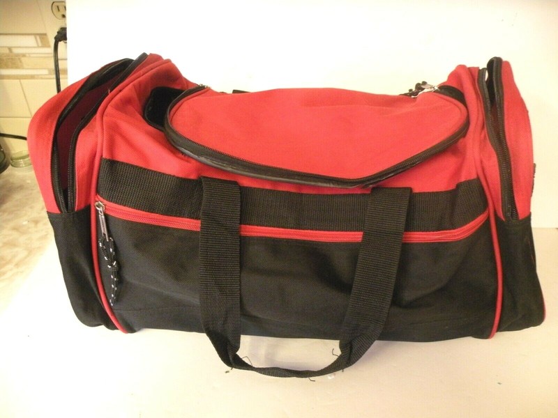 RED AND BLACK DUFFEL BAG SHOULDER STRAP & HAND CARRY HANDLE