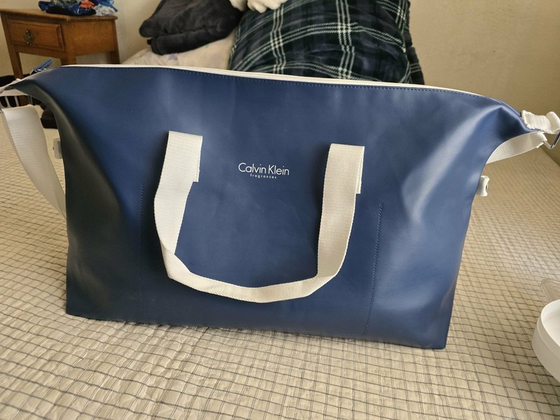 Calvin Klein Blue & White Solid Pattern Duffle Bag with Adjustable Straps
